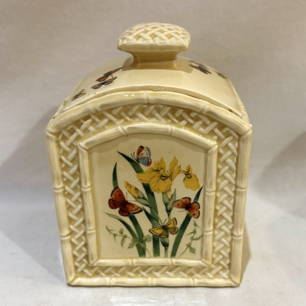 VTG Enesco Japan Butterfly Garden Trellis Ceramic Ware Small Canister with Lid